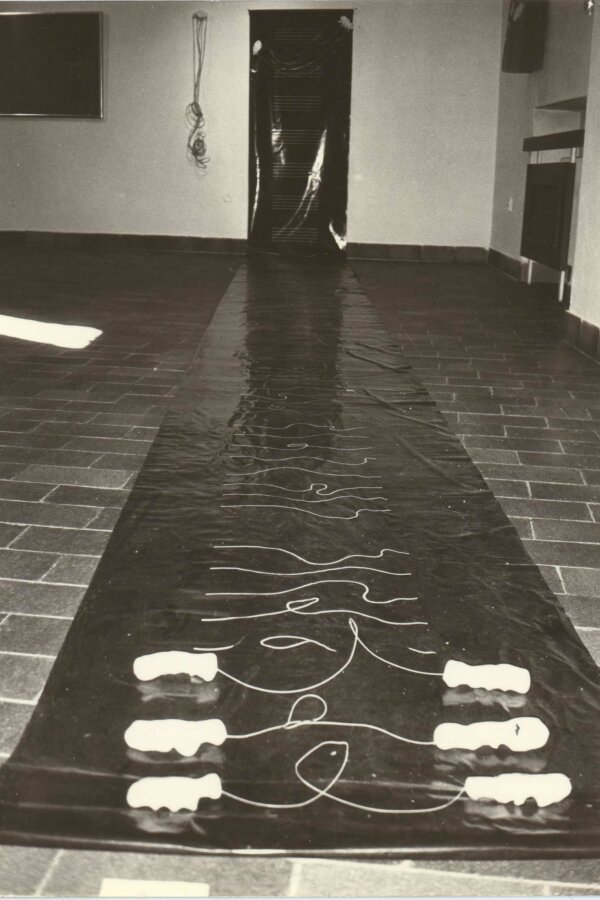 Václav Dosbaba, Partitura pro moderní hudbu, modurit, struny, email, barva, igelit; foto: Luděk Mahel, z vernisáže 3. 8. 1995